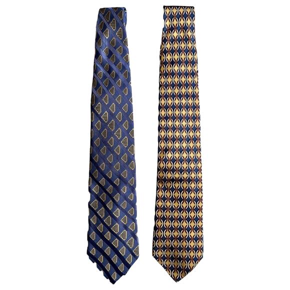 Lands' End Men's Ties Set Of Two 100% Silk Neck Ties Geometric Blue Yellow EUC - Picture 2 of 10